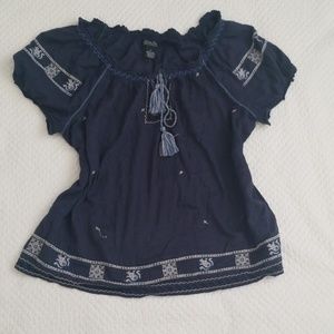 Lucky Brand top peasant navy cream Embroidered